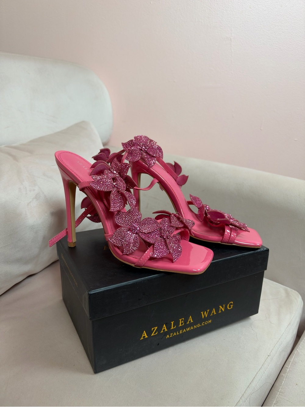 Azalea Wang Pink Floral Crystal-Embellished High Heels